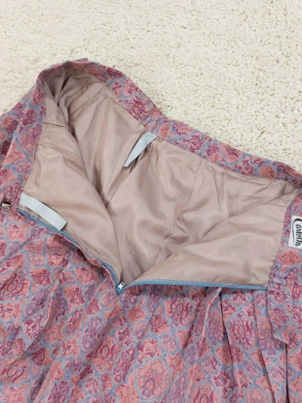 Vintage 80s Midi Pleated A-Line Skirt Sz 27, Bohemian Hippie, Purple Abstract